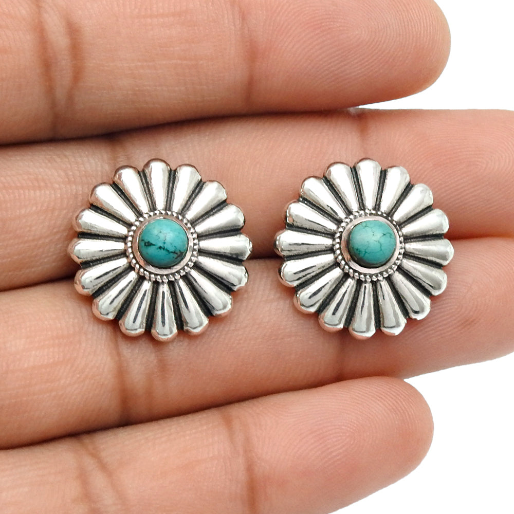 Round Natural Turquoise Sterling Silver Bezel Stud Post Butterfly Wife Earrings