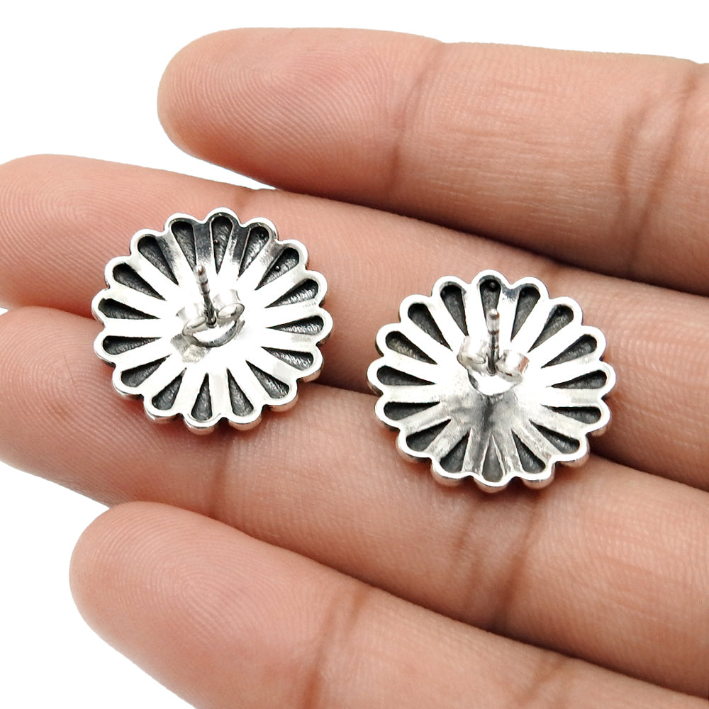 Round Natural Turquoise Sterling Silver Bezel Stud Post Butterfly Wife Earrings