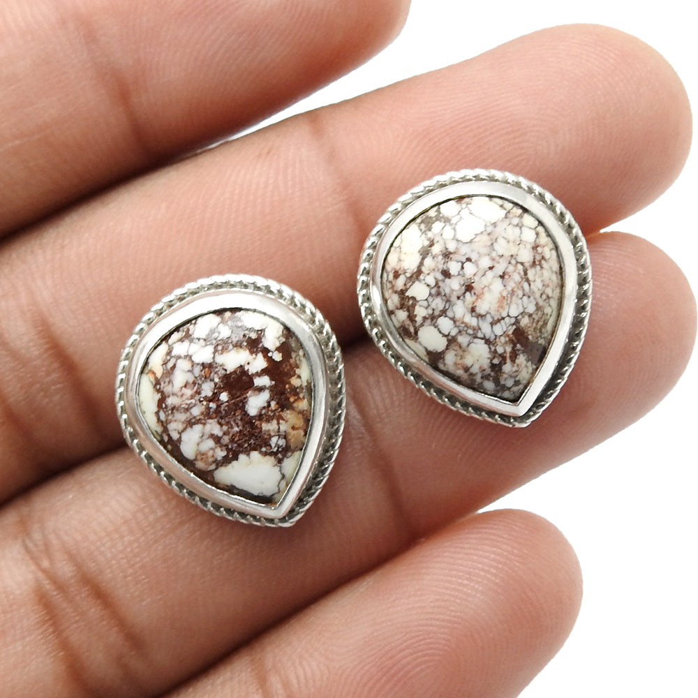 Natural Wild Horse Jasper Sterling Silver Sister Anniversary Stud Bezel Earrings