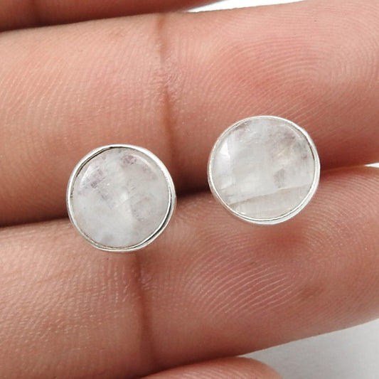 8mm Rainbow Moonstone 925 Sterling Silver Stud Earrings Handmade Jewelry