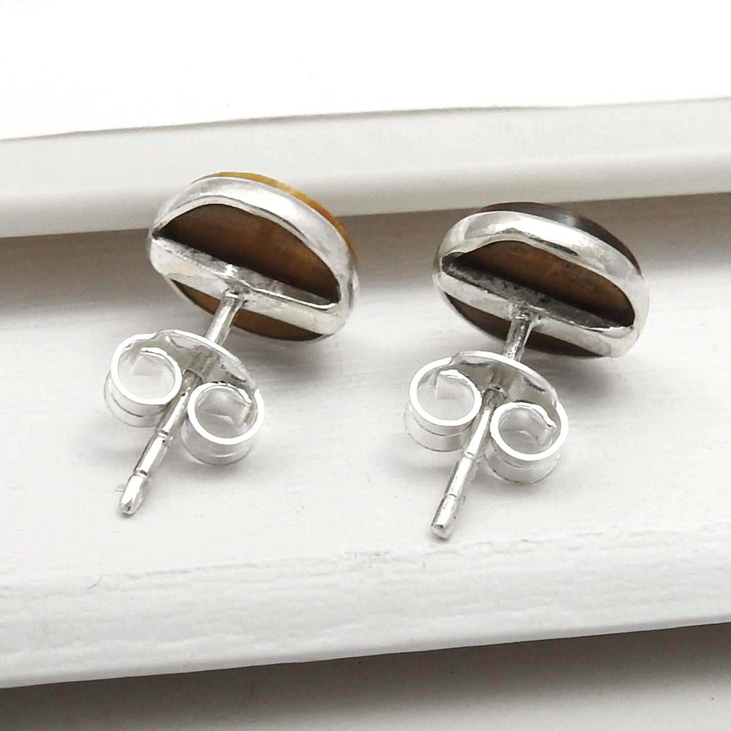 8mm Round Tiger Eye 925 Sterling Silver Handmade Stud Earrings Jewelry