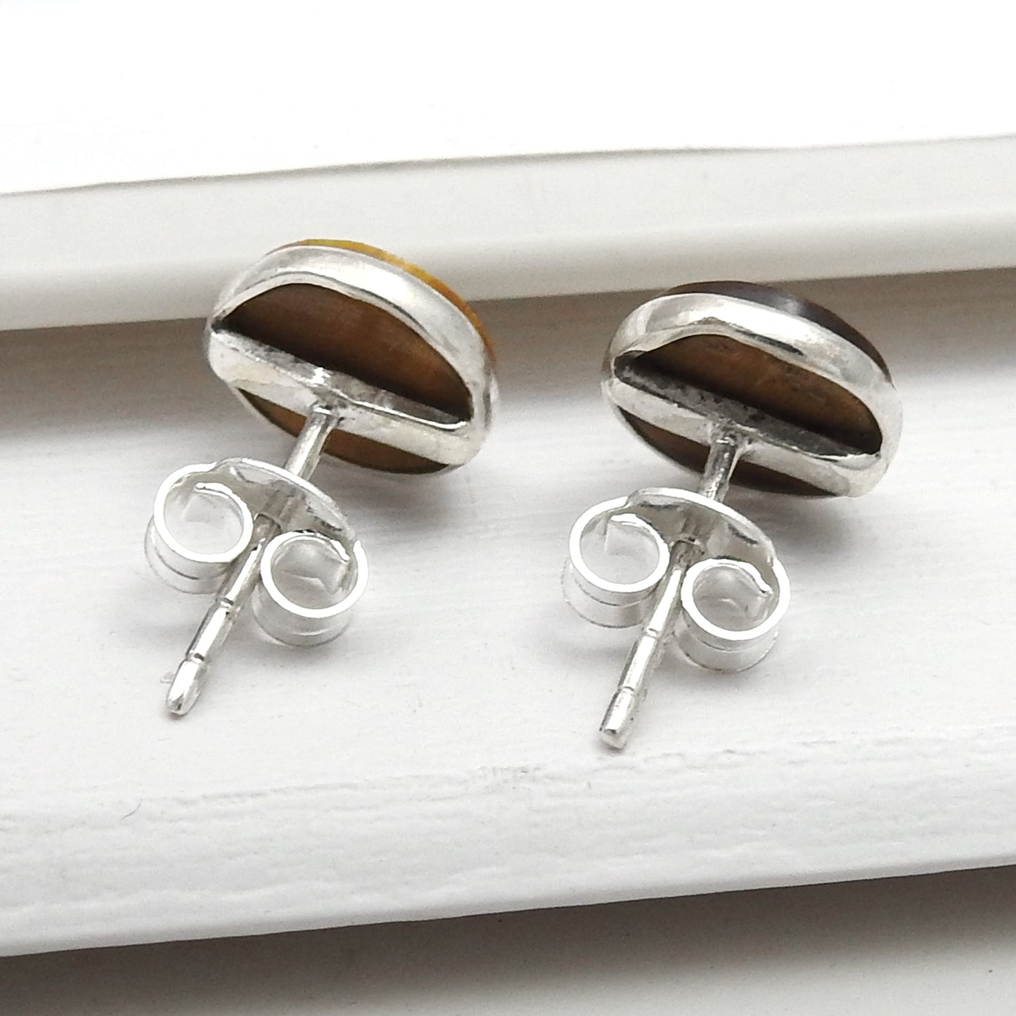 8mm Round Tiger Eye 925 Sterling Silver Handmade Stud Earrings Jewelry