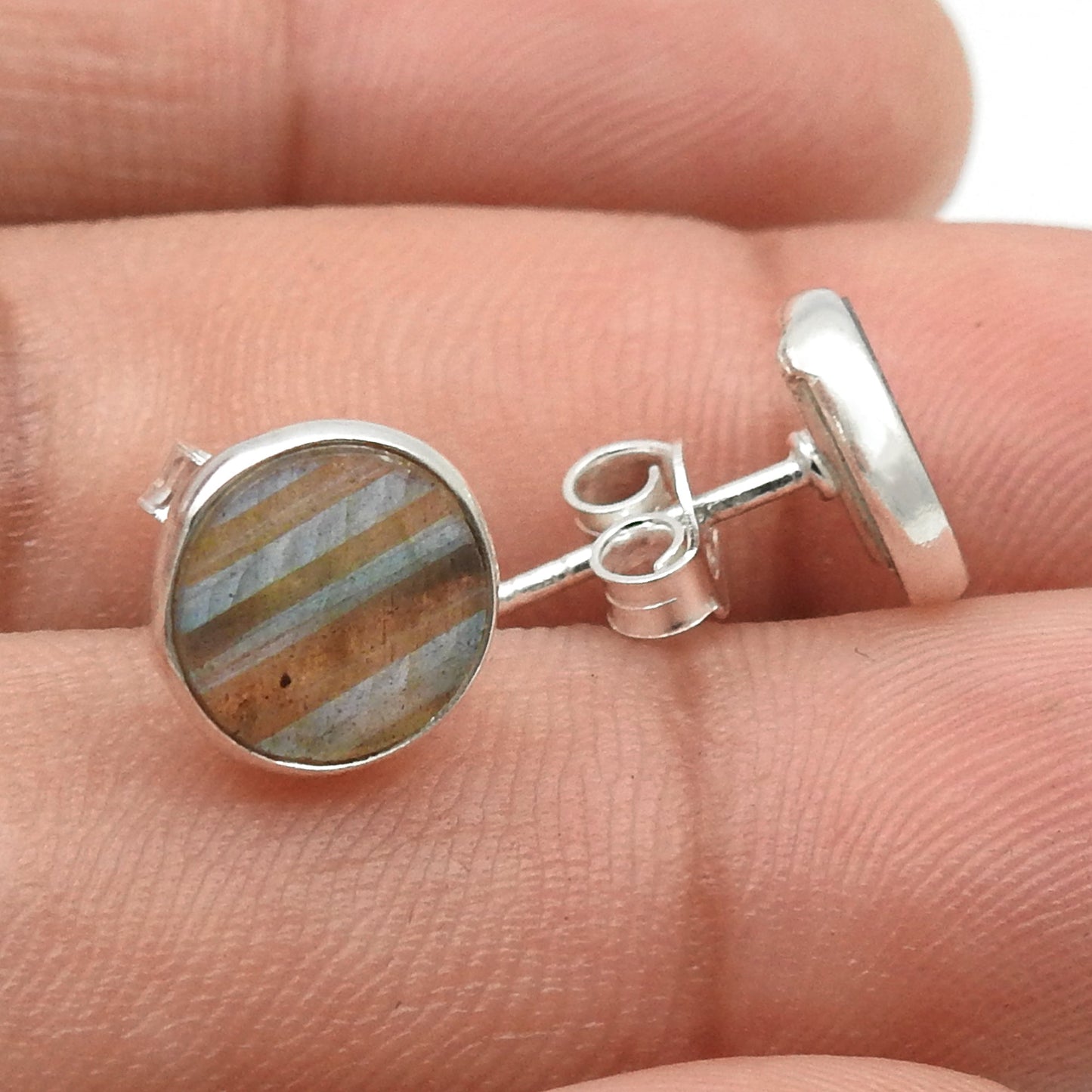 8mm Round Labradorite Gemstone 925 Sterling Silver Handmade Stud Earrings