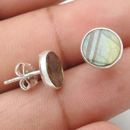 8mm Round Labradorite Gemstone 925 Sterling Silver Handmade Stud Earrings