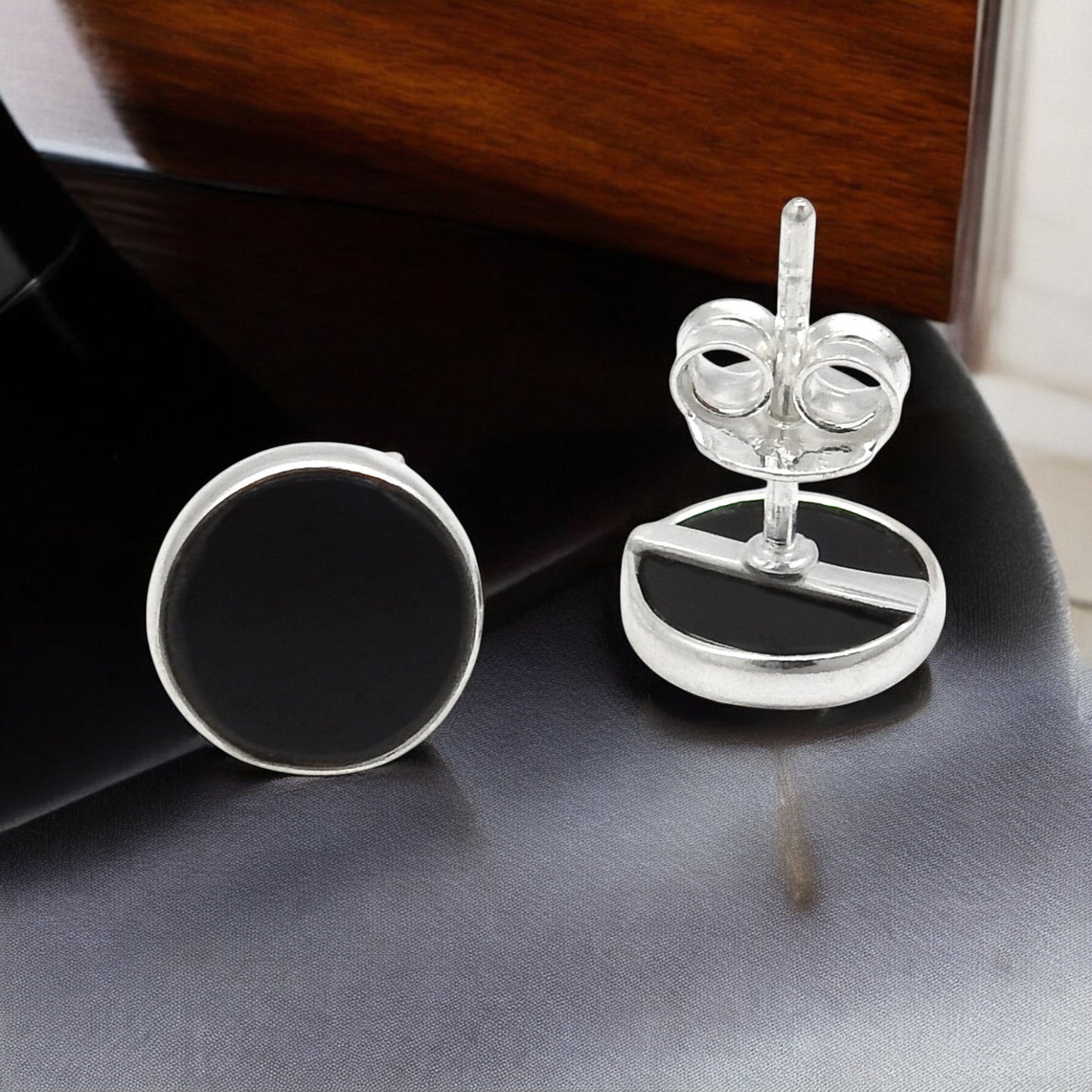 8mm Round Black Onyx Gemstone Stud Earrings 925 Sterling Silver Jewelry