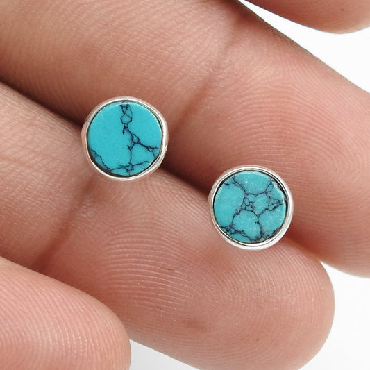 6mm Round Turquoise Gemstone Solid 925 Silver Stud Earrings