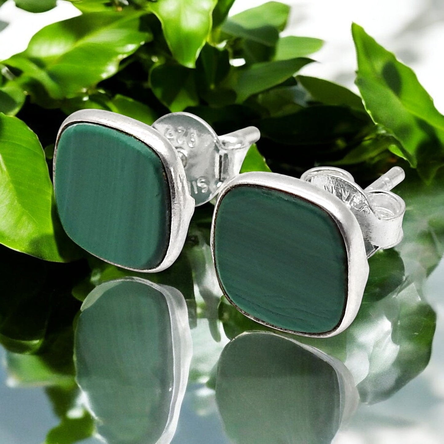 8mm Square Malachite Gemstone 925 Silver Stud Earrings Women Jewelry