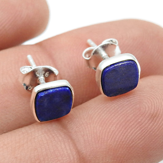 6mm Square Lapis Lazuli Gemstone 925 Sterling Silver Handmade Stud Earrings