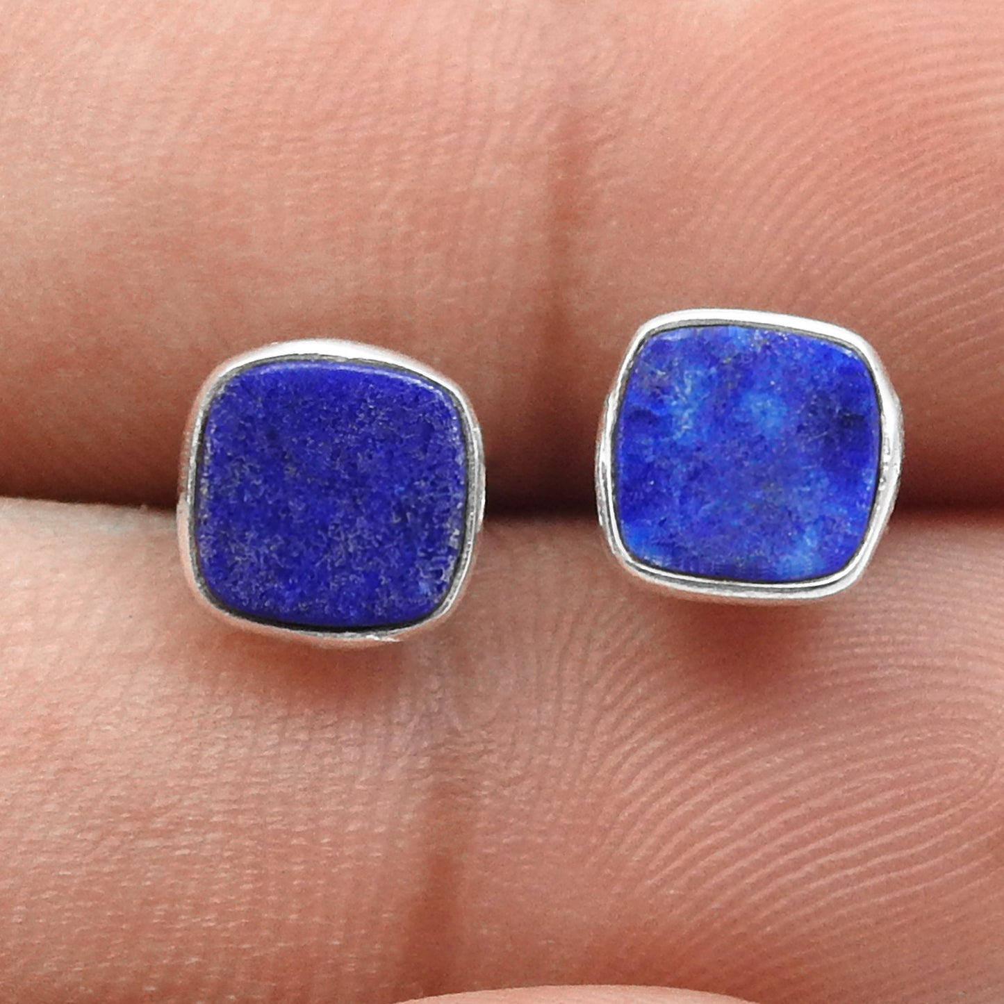 6mm Square Lapis Lazuli Gemstone 925 Sterling Silver Handmade Stud Earrings