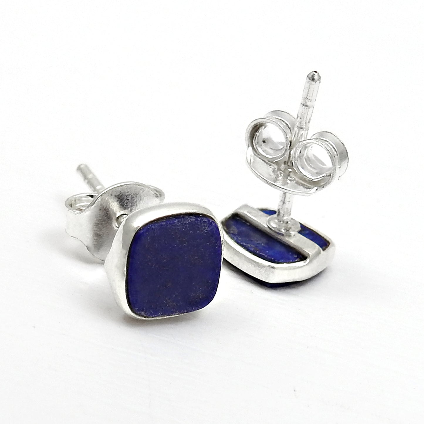 6mm Square Lapis Lazuli Gemstone 925 Sterling Silver Handmade Stud Earrings