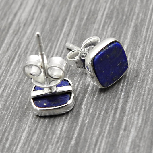 6mm Square Lapis Lazuli Gemstone 925 Sterling Silver Handmade Stud Earrings
