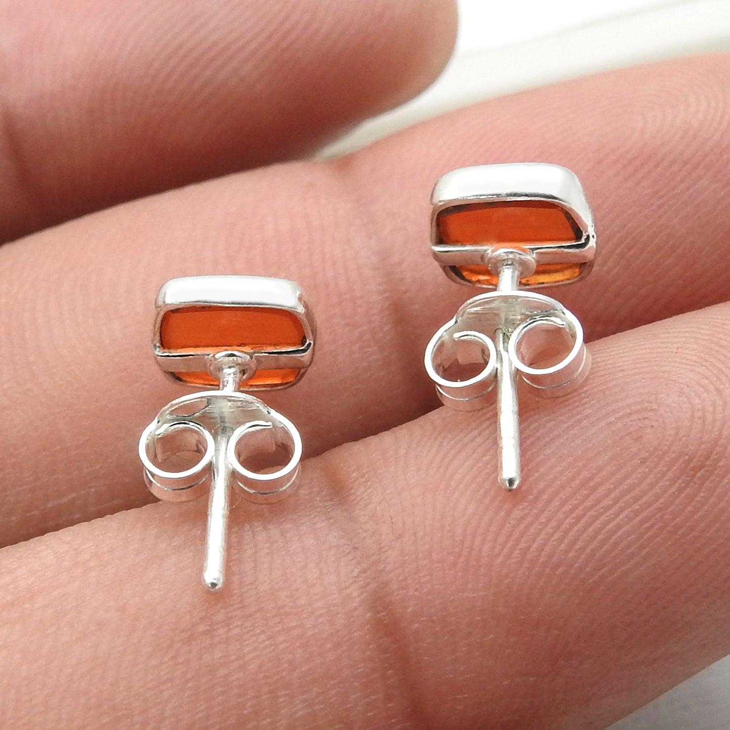 6mm Square Carnelian 925 Sterling Silver Bezel Stud Earrings