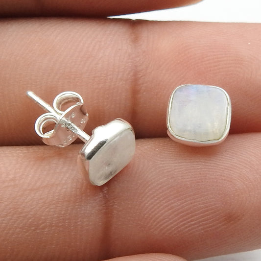 6mm Square Rainbow Moonstone 925 Sterling Silver Bezel Stud Earrings Jewelry