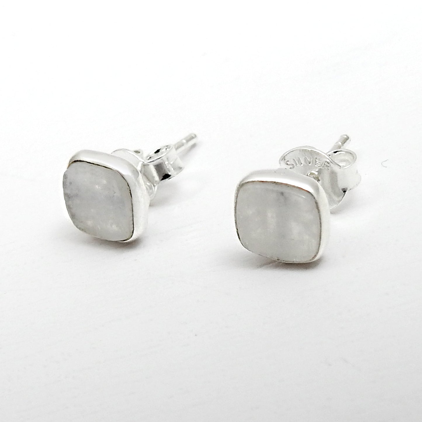 6mm Square Rainbow Moonstone 925 Sterling Silver Bezel Stud Earrings Jewelry