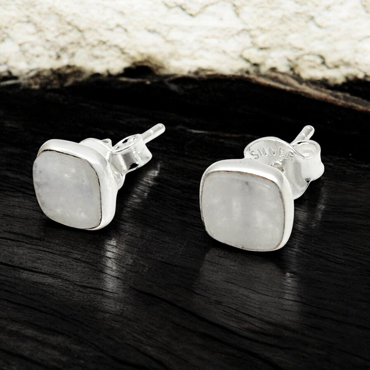 6mm Square Rainbow Moonstone 925 Sterling Silver Bezel Stud Earrings Jewelry