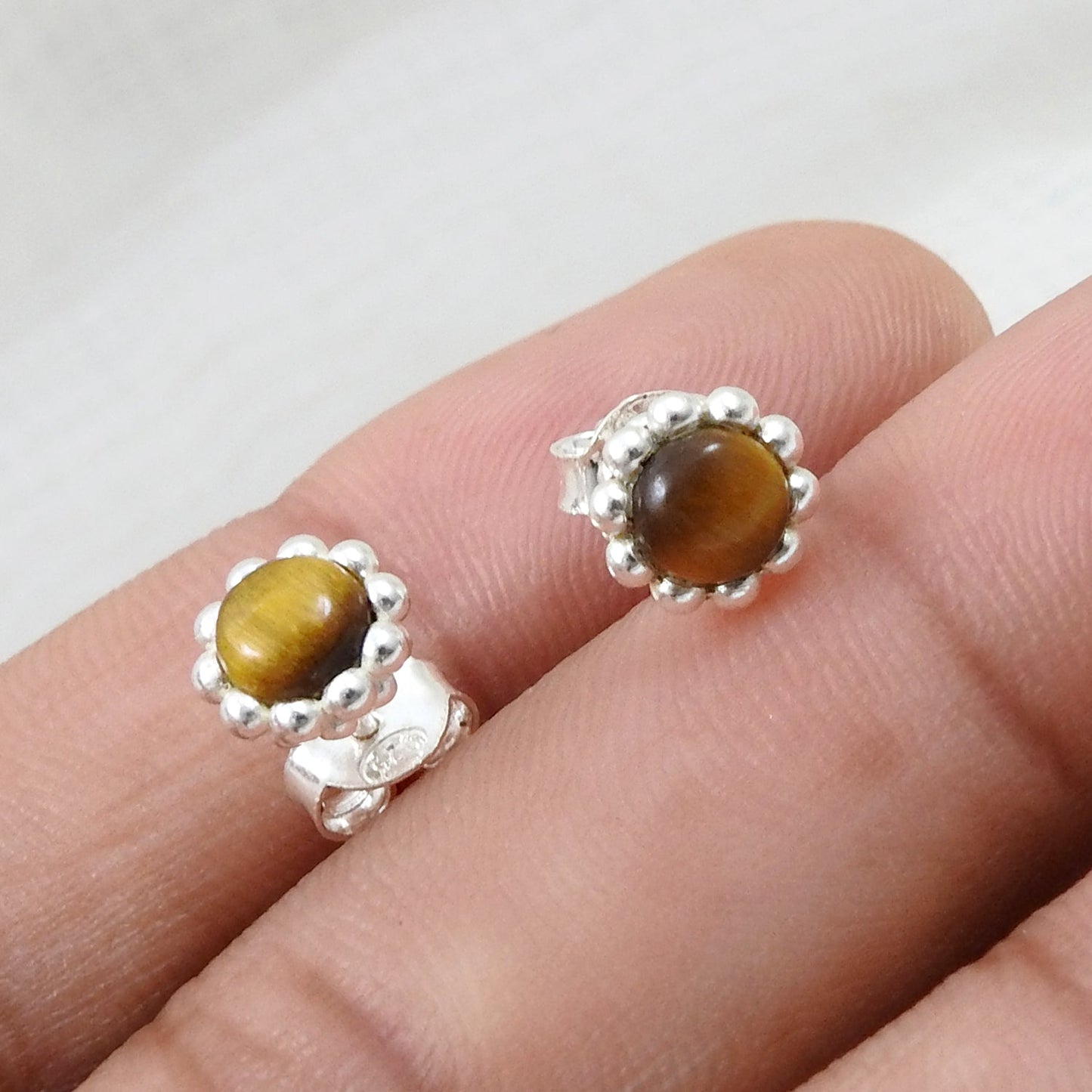 Natural Tiger Eye Gemstone 925 Sterling Silver Minimalist Stud Earrings