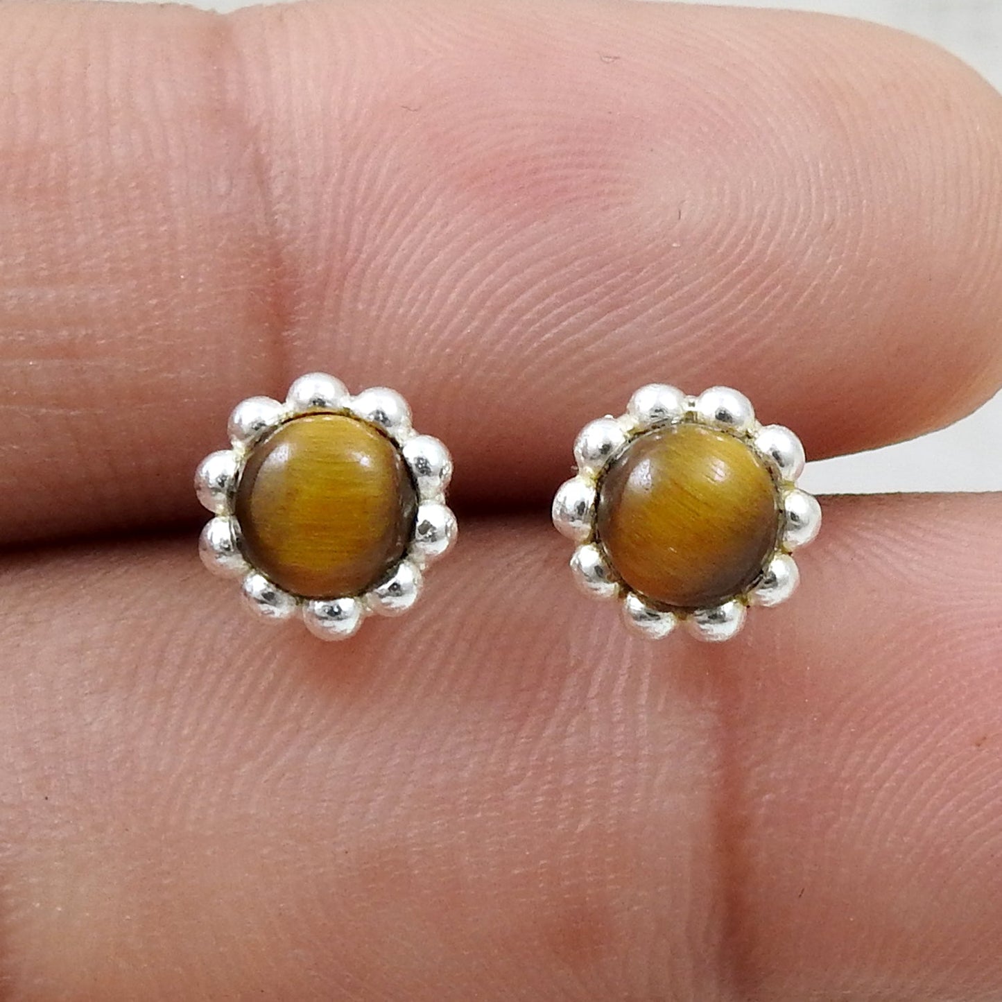 Natural Tiger Eye Gemstone 925 Sterling Silver Minimalist Stud Earrings