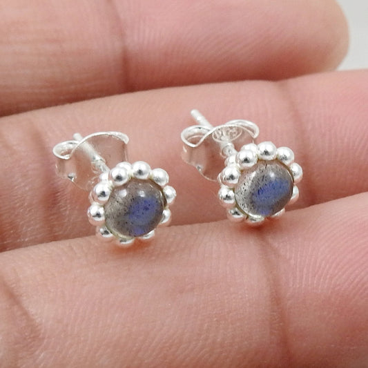 Natural Labradorite Gemstone 925 Sterling Silver Minimalist Stud Earrings