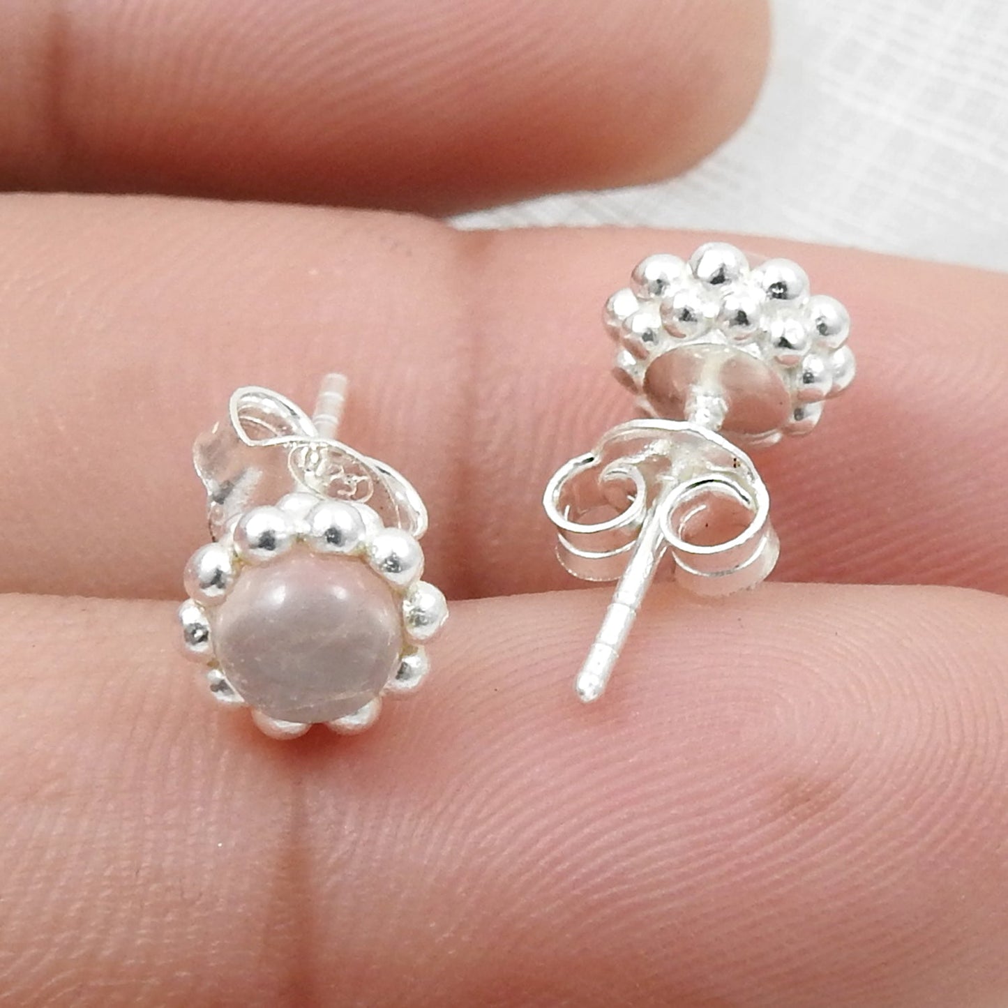 Natural Rose Quartz Gemstone 925 Sterling Silver Minimalist Stud Earrings