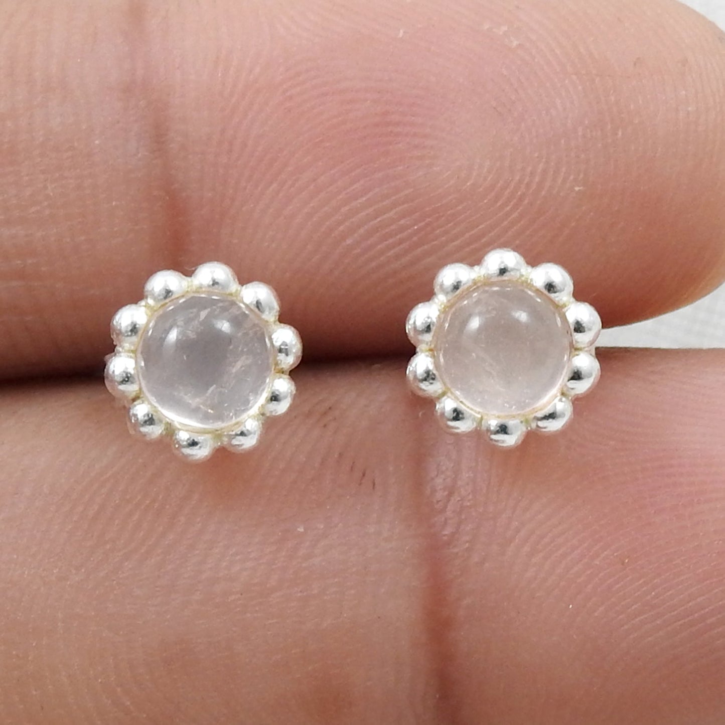 Natural Rose Quartz Gemstone 925 Sterling Silver Minimalist Stud Earrings