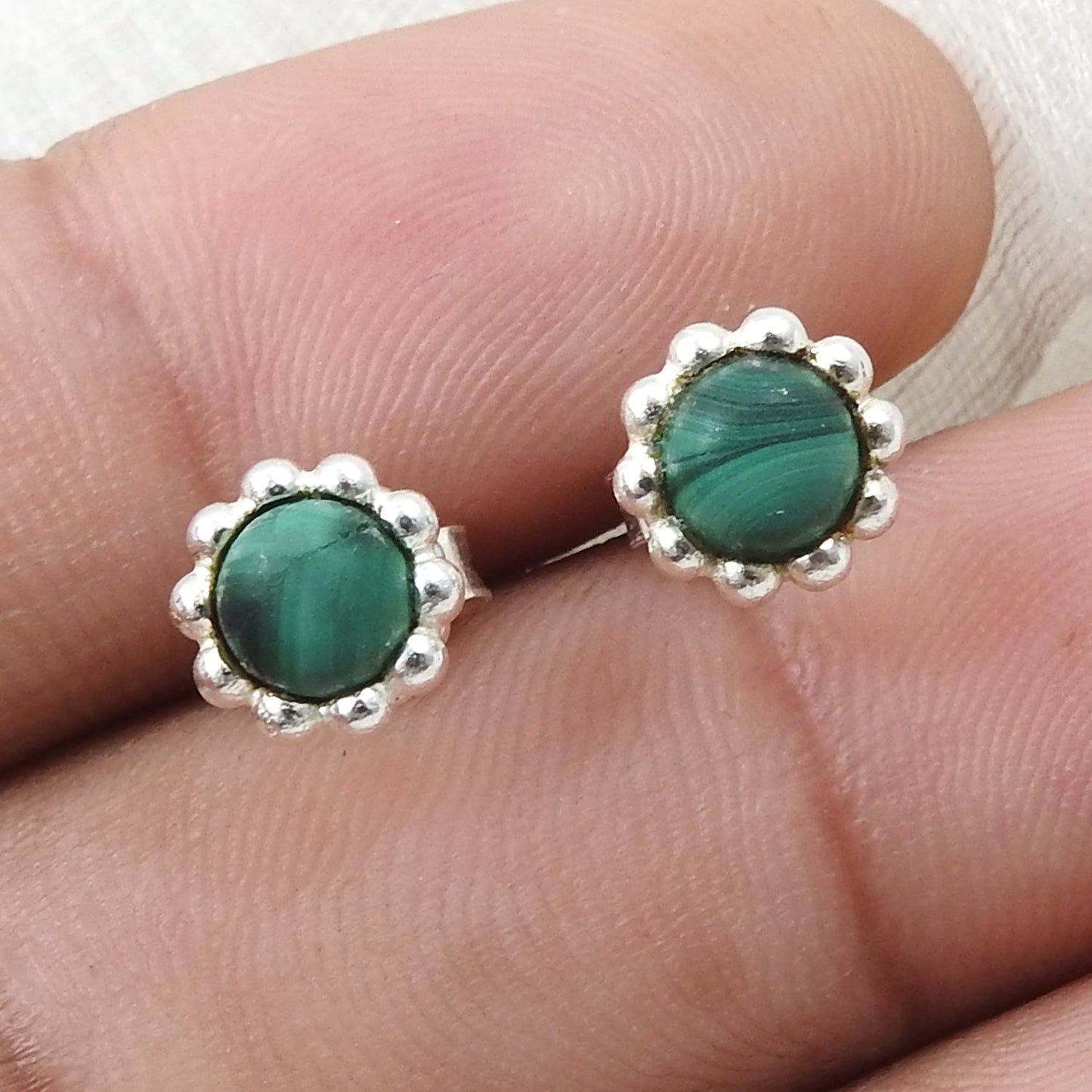 Natural Malachite Gemstone 925 Sterling Silver Minimalist Stud Earrings