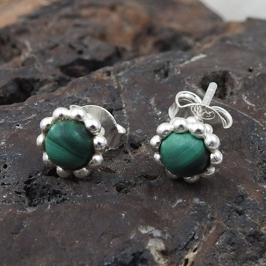 Natural Malachite Gemstone 925 Sterling Silver Minimalist Stud Earrings
