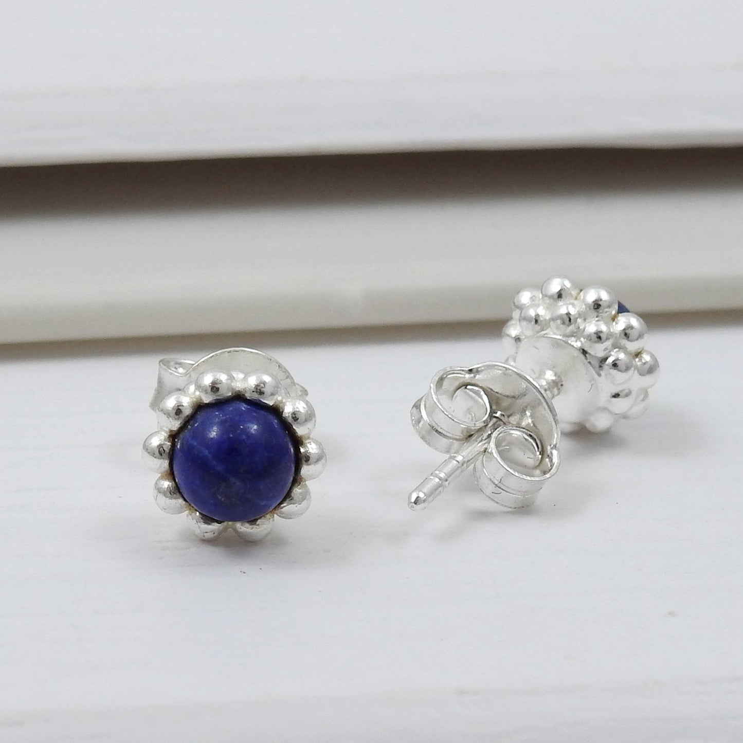 Natural Lapis Lazuli Gemstone 925 Sterling Silver Minimalist Stud Earrings