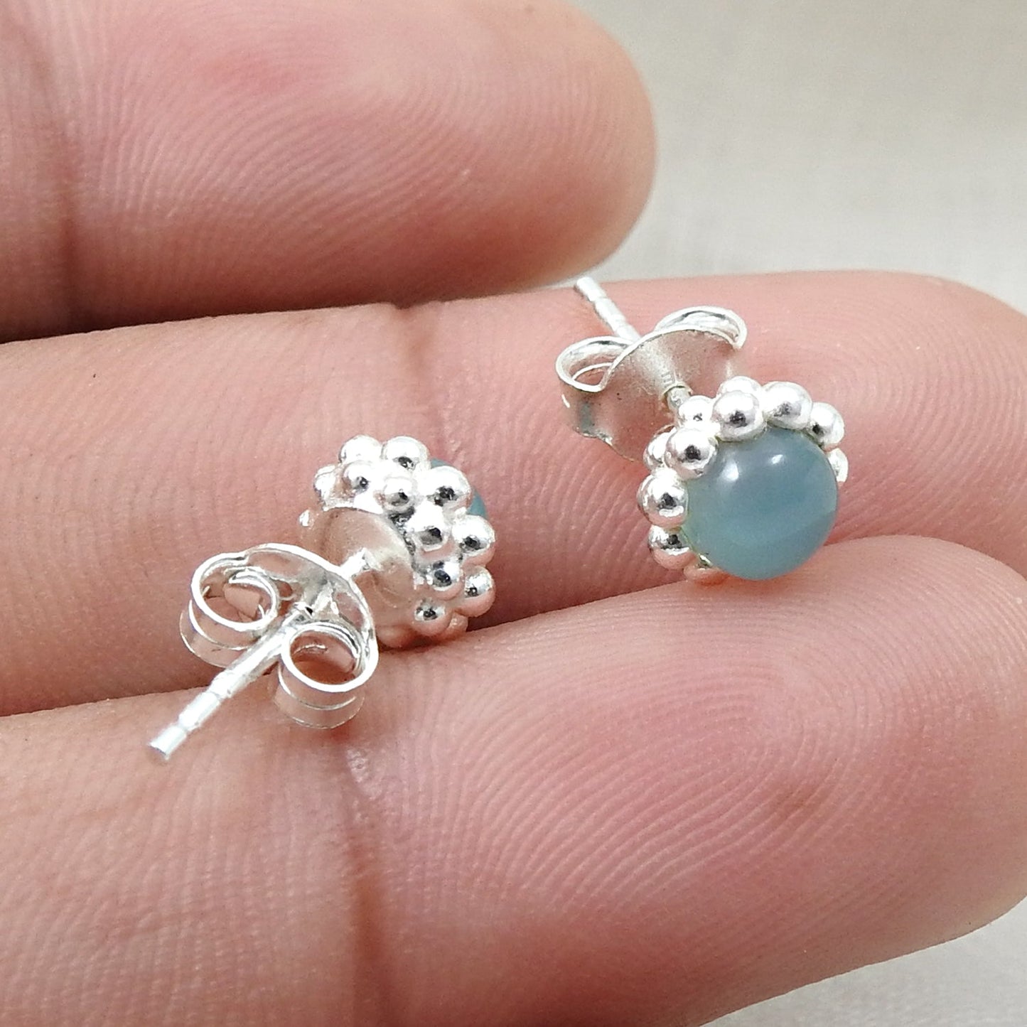 Natural Chalcedony Gemstone 925 Sterling Silver Minimalist Stud Earrings