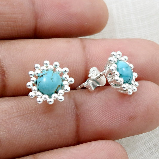 Natural Turquoise Gemstone 925 Sterling Silver Flower Stud Earrings