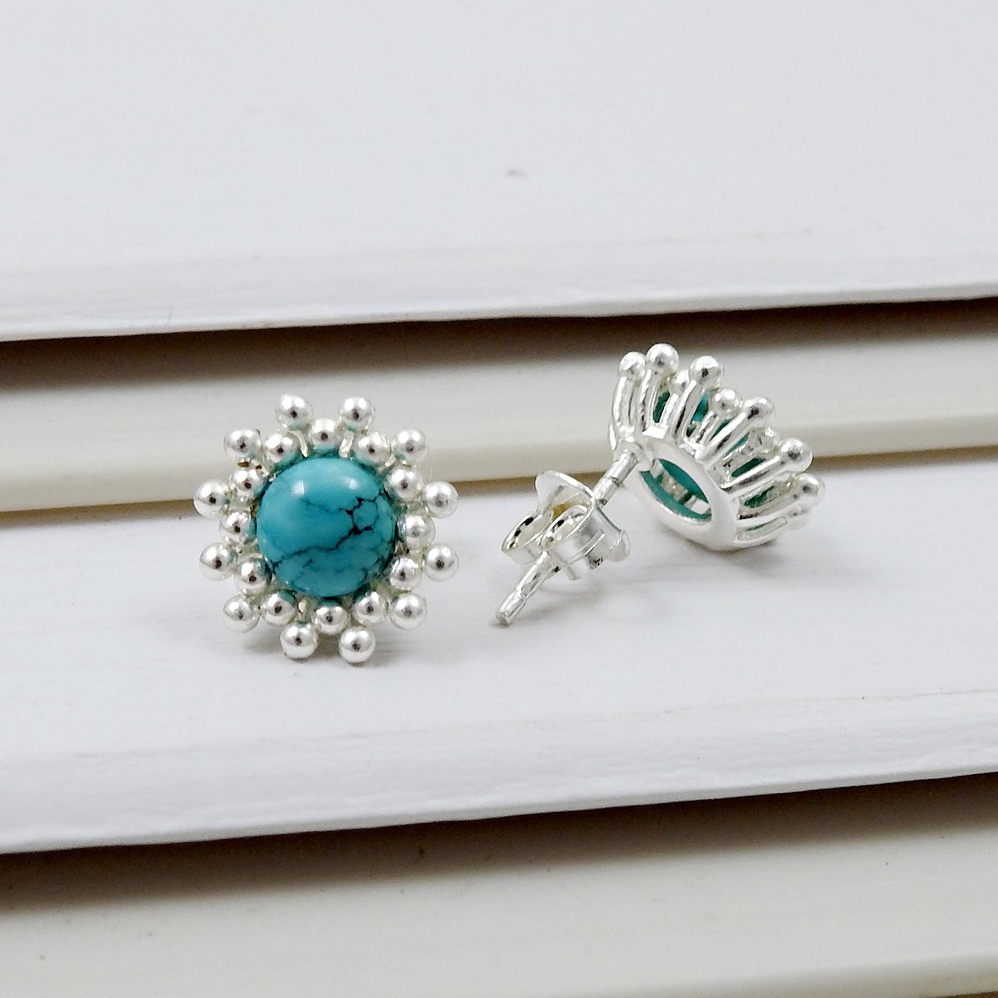 Natural Turquoise Gemstone 925 Sterling Silver Flower Stud Earrings