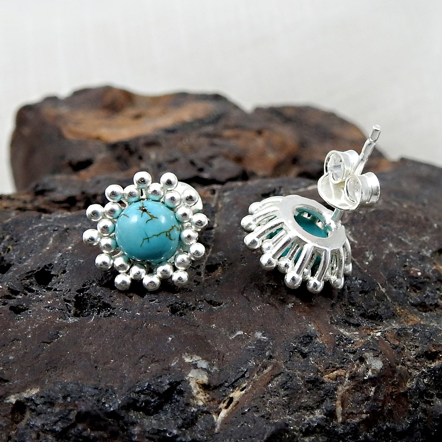 Natural Turquoise Gemstone 925 Sterling Silver Flower Stud Earrings