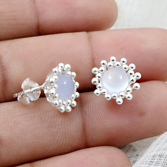 Natural Chalcedony 925 Sterling Silver Flower Stud Earrings