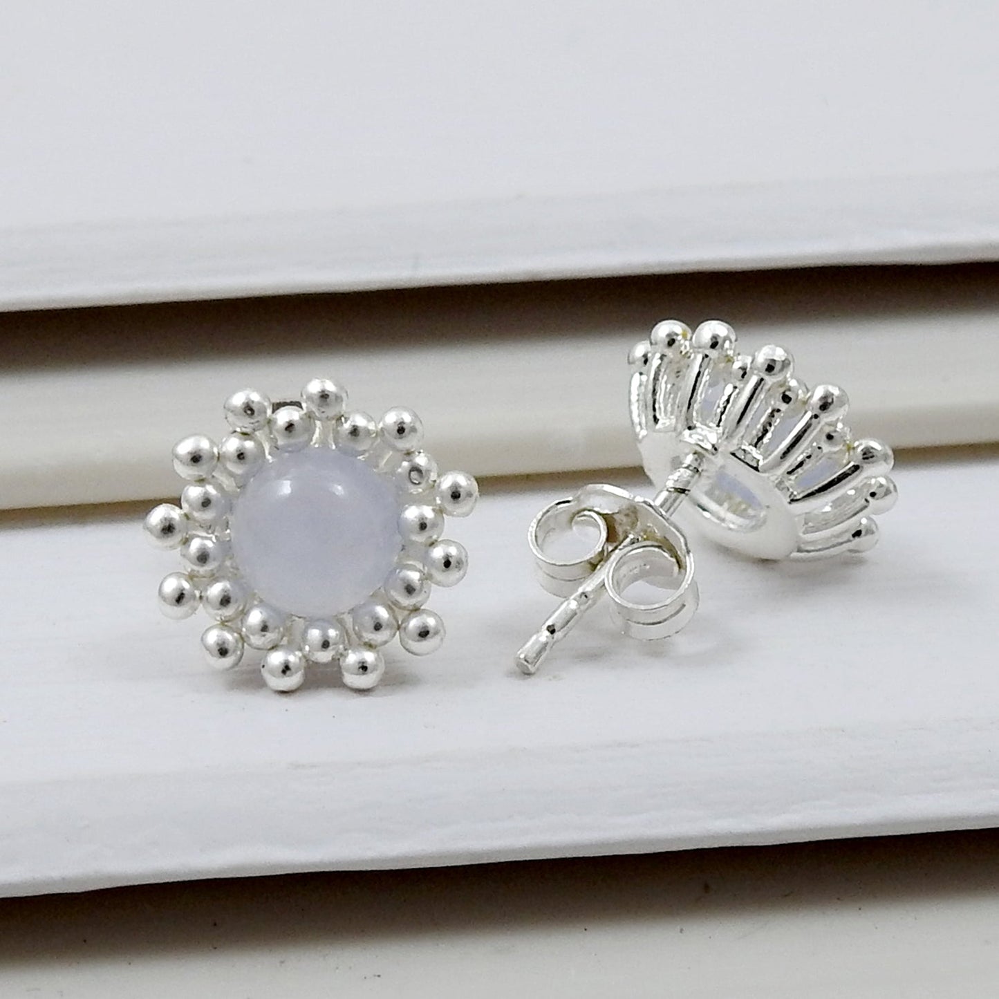 Natural Chalcedony 925 Sterling Silver Flower Stud Earrings