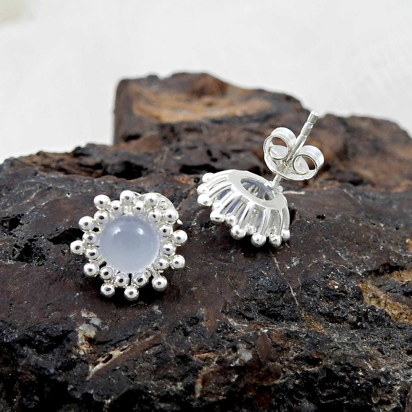 Natural Chalcedony 925 Sterling Silver Flower Stud Earrings