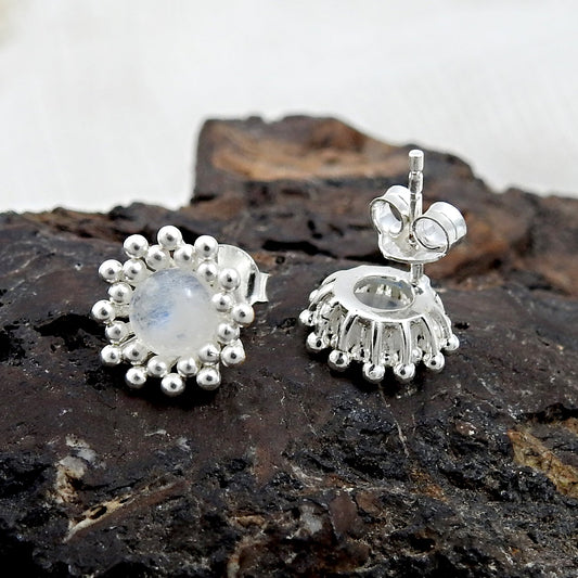 Natural Rainbow Moonstone 925 Sterling Silver Flower Stud Earrings