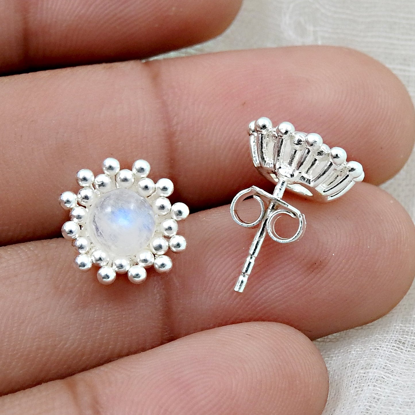 Natural Rainbow Moonstone 925 Sterling Silver Flower Stud Earrings