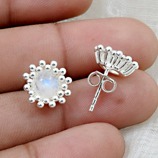 Natural Rainbow Moonstone 925 Sterling Silver Flower Stud Earrings