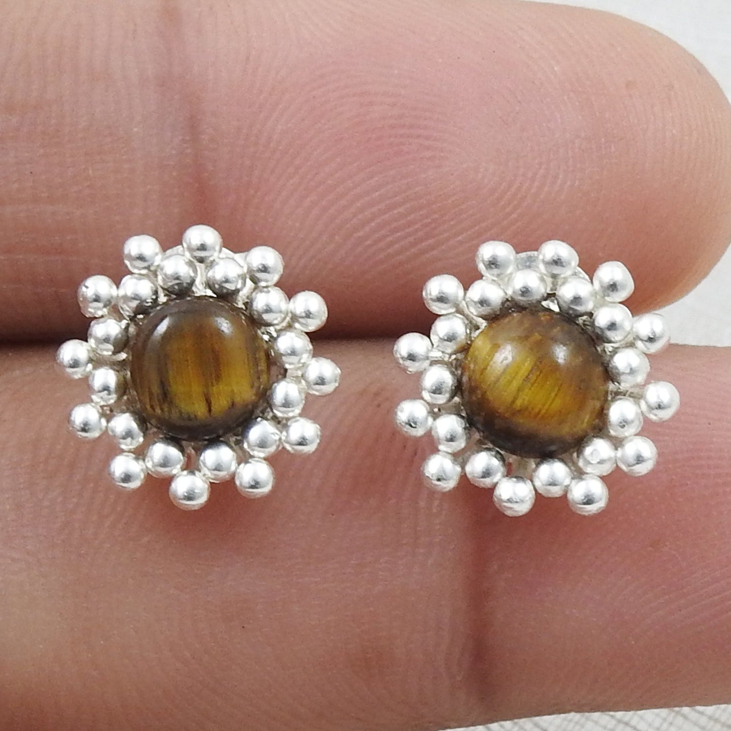 Natural Tiger Eye 925 Sterling Silver Flower Stud Earrings