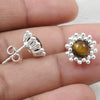 Natural Tiger Eye 925 Sterling Silver Flower Stud Earrings