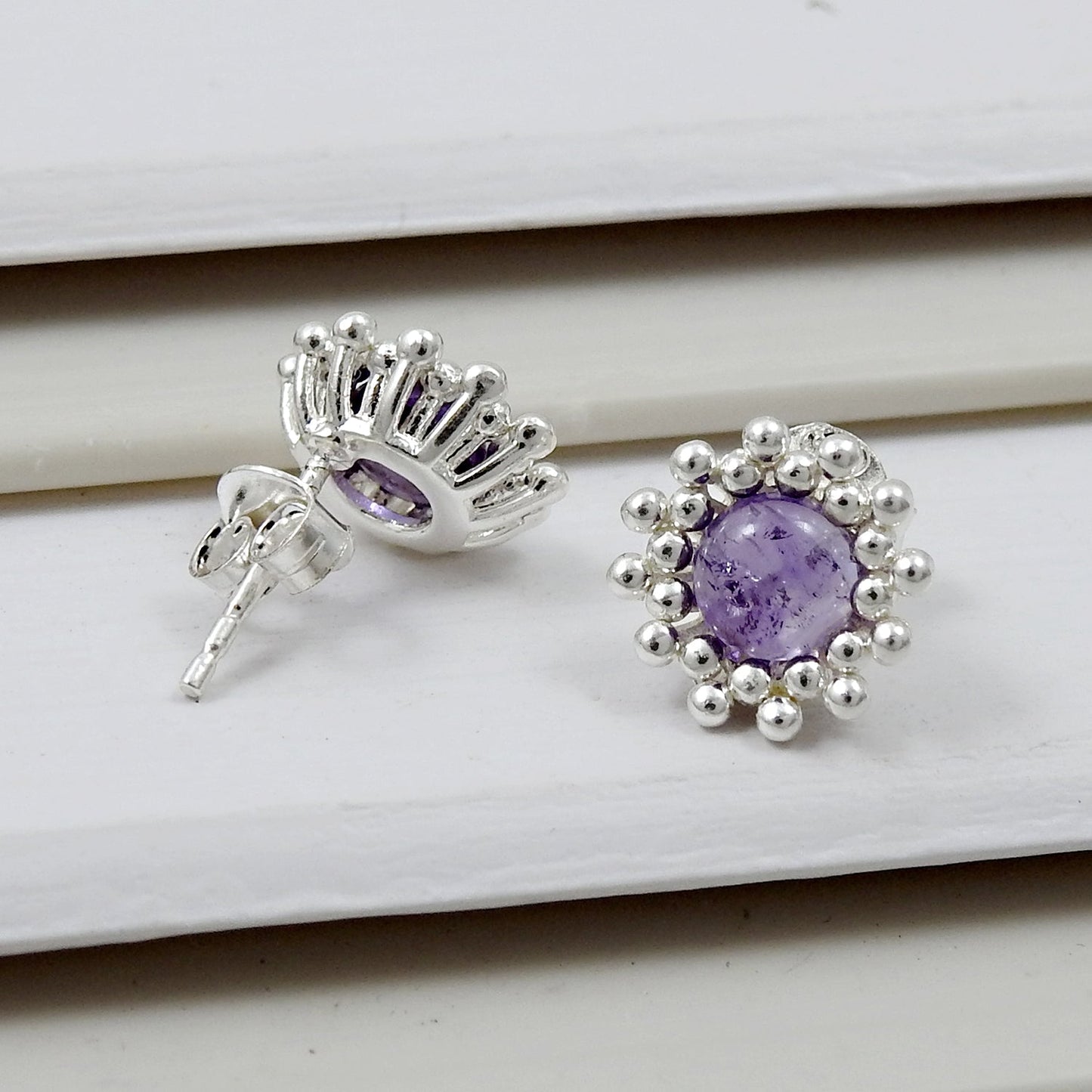 Natural Amethyst 925 Sterling Silver Flower Stud Earrings