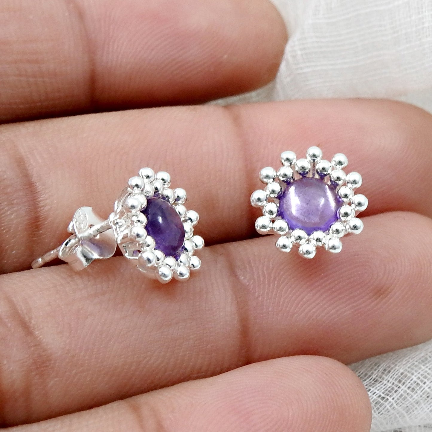 Natural Amethyst 925 Sterling Silver Flower Stud Earrings