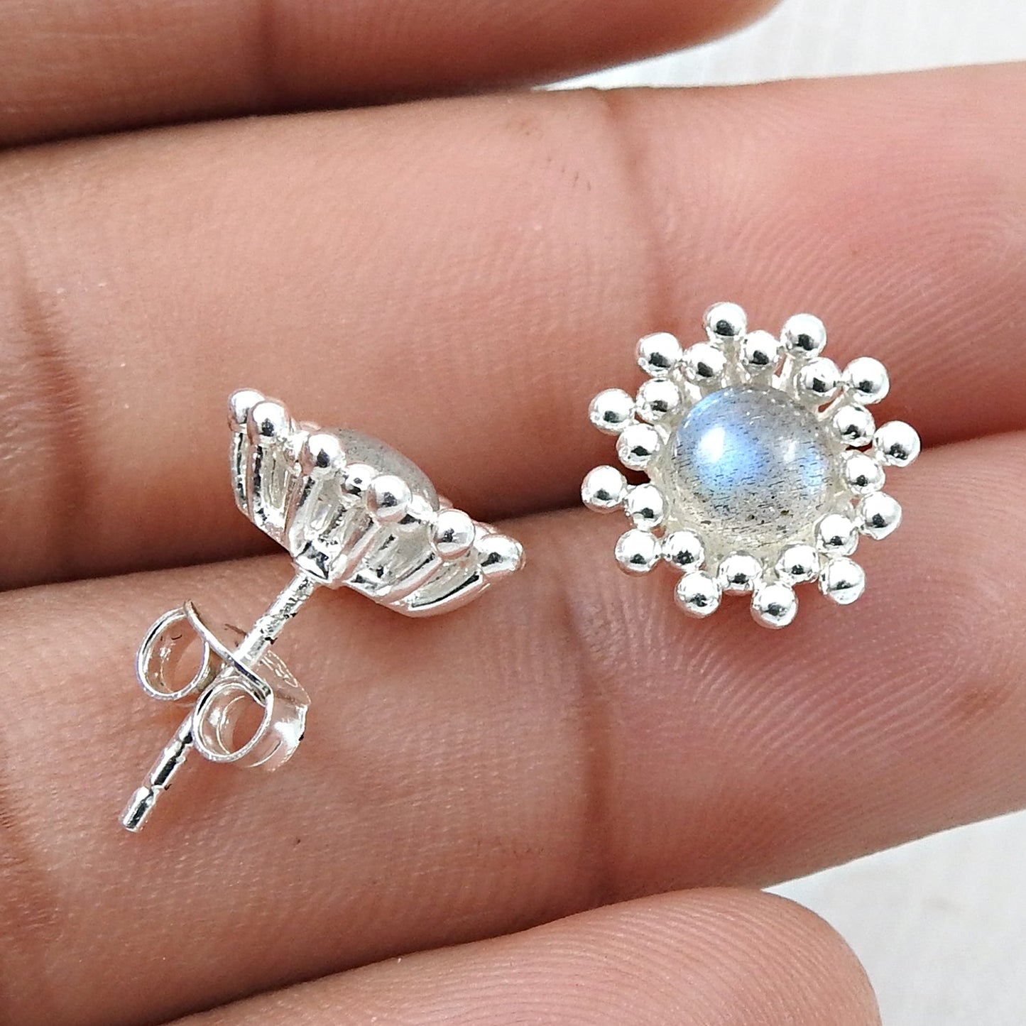 Natural Labradorite 925 Sterling Silver Flower Stud Earrings