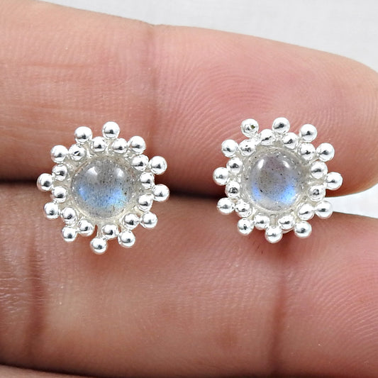 Natural Labradorite 925 Sterling Silver Flower Stud Earrings