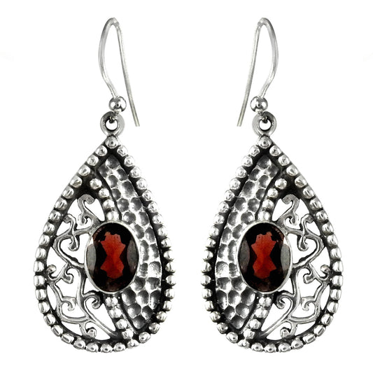 Woman Gift Natural Garnet Drop Dangle Boho Earrings 925 Silver V13