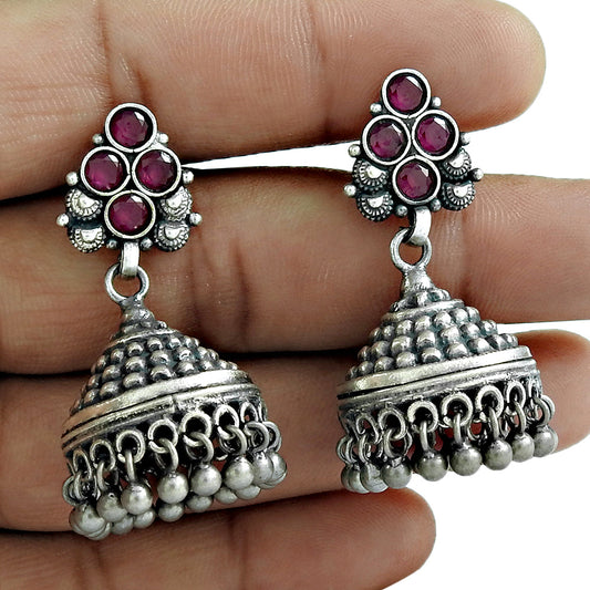 Ruby Gemstone Jhumki Solid 925 Silver Handmade Earrings Jewelry