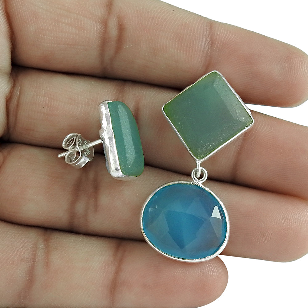 Gift For Woman Stud Tribal Earrings 925 Silver Natural Chalcedony Gemstone L15