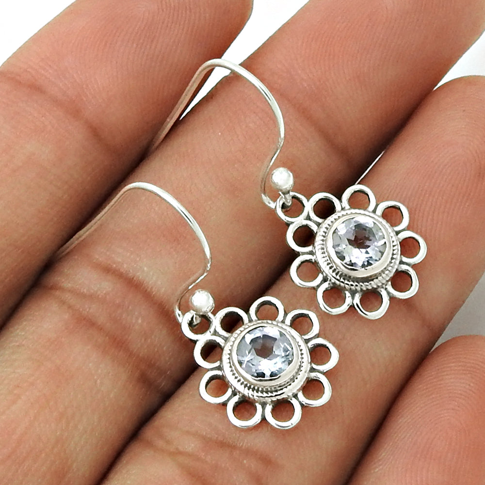 Natural Blue Topaz Gemstone 925 Silver Drop Dangle Flower Earrings For Women T30