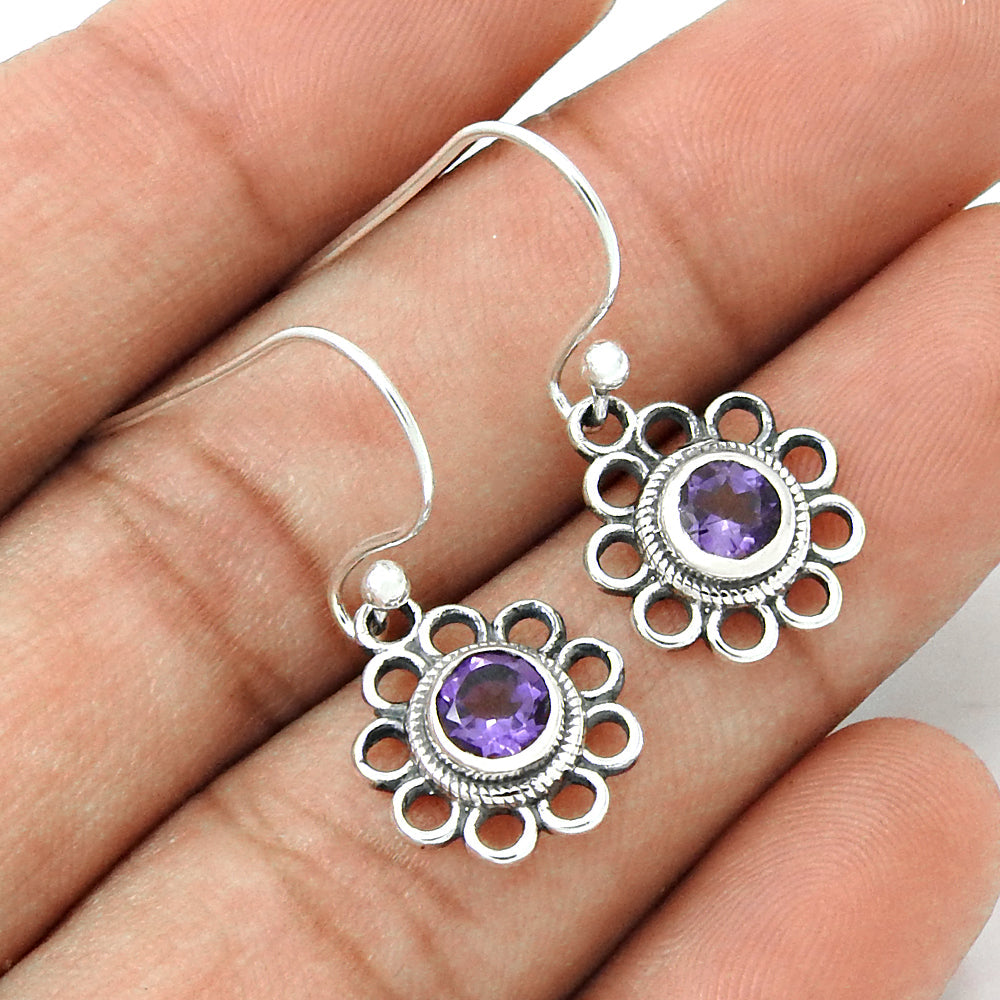 Natural Amethyst Gemstone Drop Dangle Flower Purple Earrings 925 Silver N15
