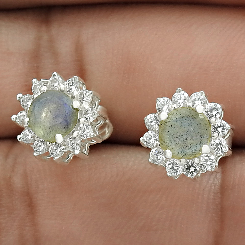 Sterling Silver Round Labradorite Stud Post Rhodium Plated Butterfly Earrings