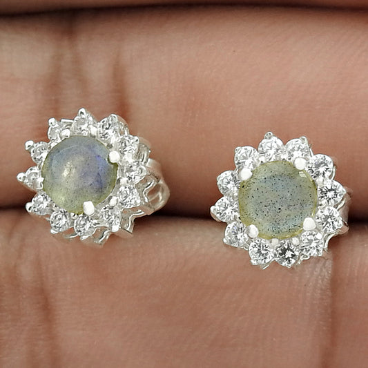 Sterling Silver Round Labradorite Stud Post Rhodium Plated Butterfly Earrings